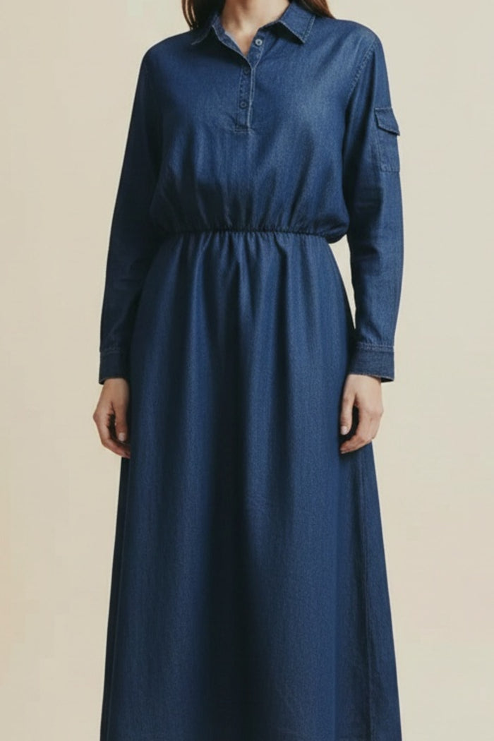 INDIGO CHAMBRAY A-LINE SHIRT DRESS