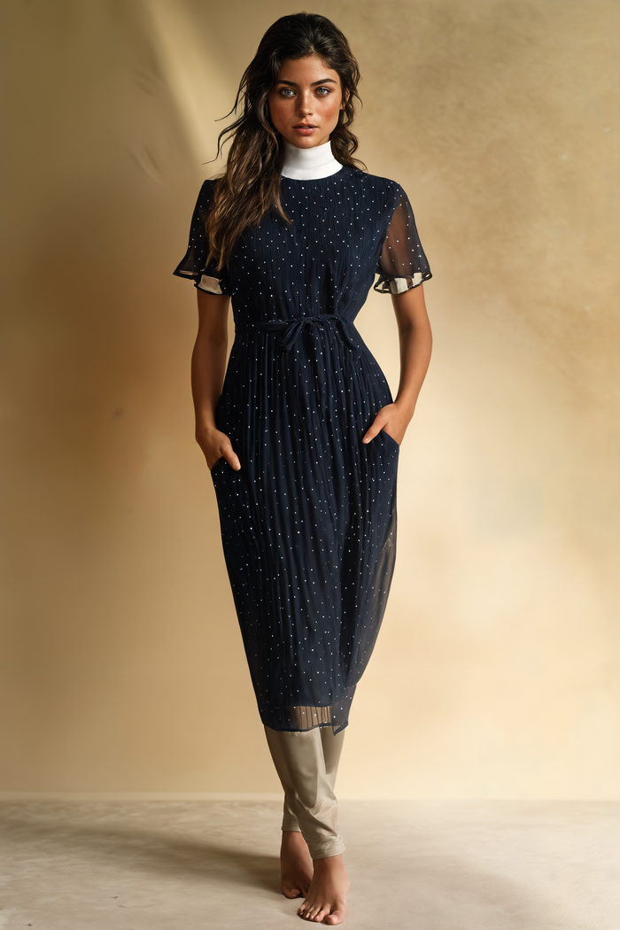 NAVY POLKA CHIFFON MIDI DRESS