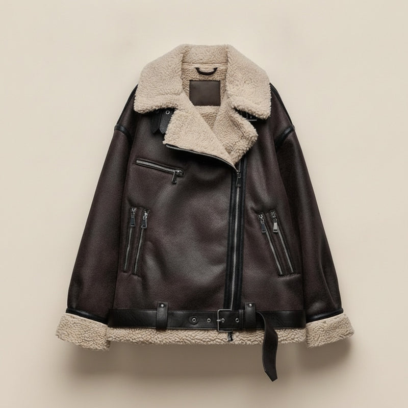 BROWN SHEARLING AVIATOR MOTO JACKET