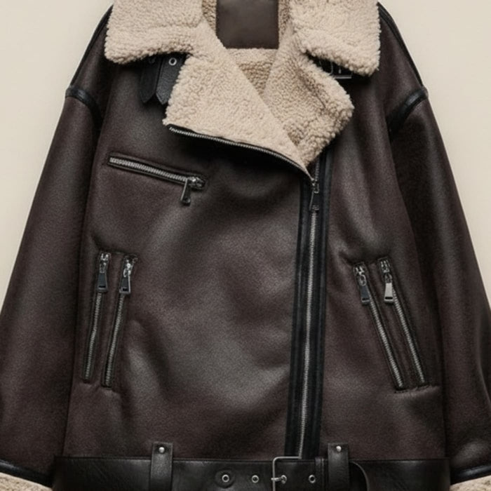 BROWN SHEARLING AVIATOR MOTO JACKET