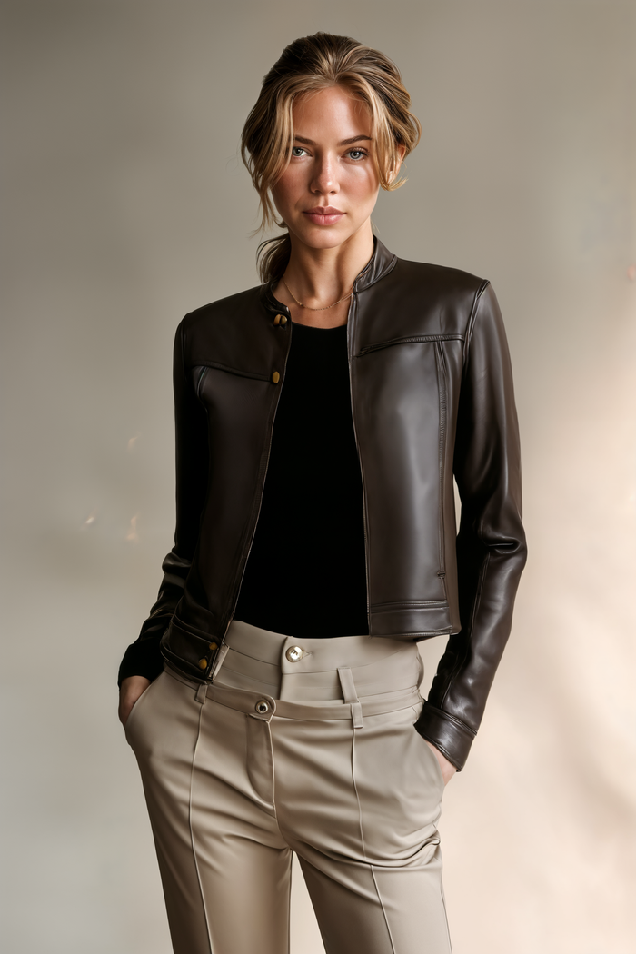 CROPPED LAMBSKIN COLLARLESS JACKET