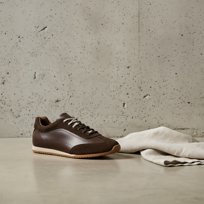 BROWN LEATHER PATCHWORK COURT SNEAKER