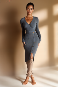 RIBBED WRAP KNIT MIDI DRESS