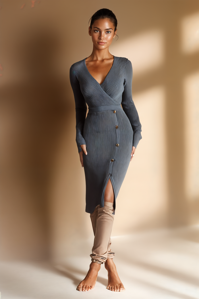 RIBBED WRAP KNIT MIDI DRESS