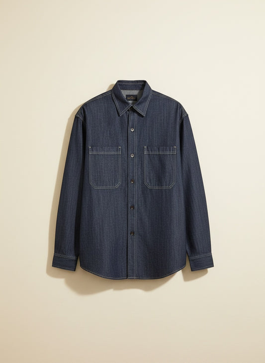 Indigo blue overshirt with twin chest pockets and tonal topstitching, styled open over stone trousers in a warm studio setting.