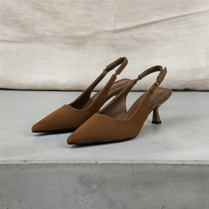CAMEL SUEDE SLINGBACK KITTEN PUMP