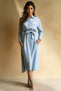 PALE BLUE PINSTRIPE LYOCELL SHIRT DRESS
