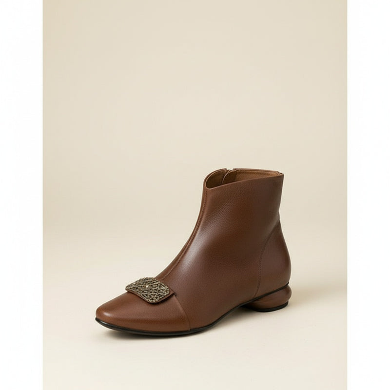 COGNAC BURNISHED BUCKLE ANKLE BOOT