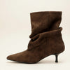 CHOCOLATE PLEATED SUEDE KITTEN HEEL BOOT
