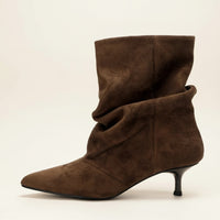CHOCOLATE PLEATED SUEDE KITTEN HEEL BOOT