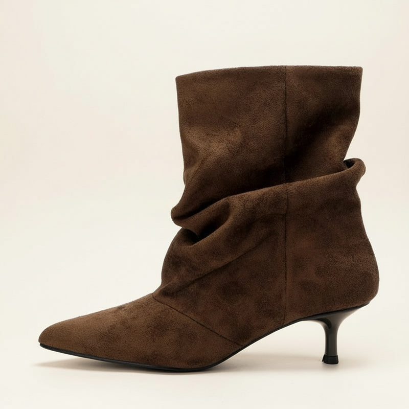 CHOCOLATE PLEATED SUEDE KITTEN HEEL BOOT