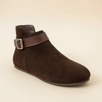 CHOCOLATE SUEDE BUCKLE ANKLE BOOT