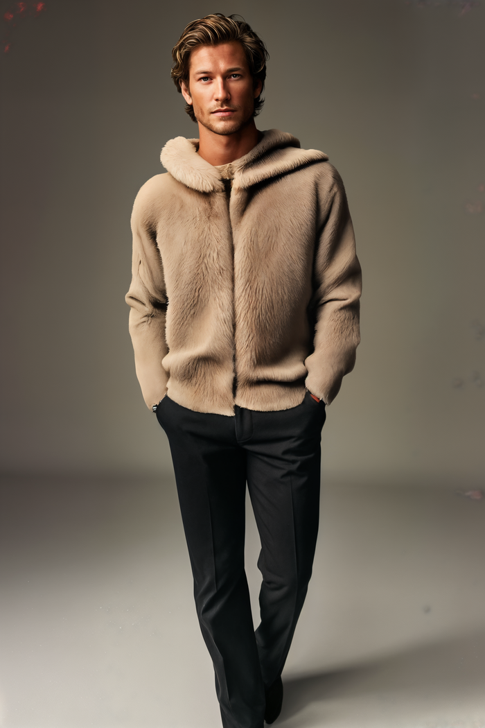 HOODED SHEARLING TAUPE PARKA