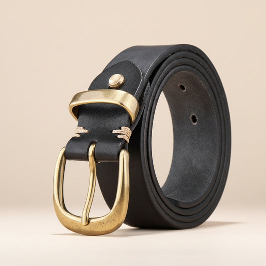 Coiled full-grain black leather belt with antique brass oval pin buckle and waxed-thread keeper on warm stone surface.