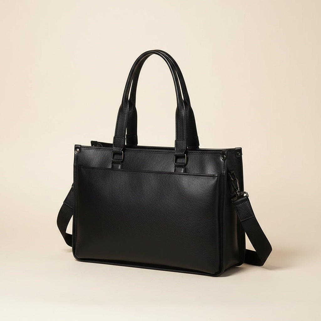 Structured black full-grain leather briefcase with twin rolled handles and shoulder strap on a stone plinth in soft daylight.