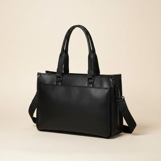 Structured black full-grain leather briefcase with twin rolled handles and shoulder strap on a stone plinth in soft daylight.