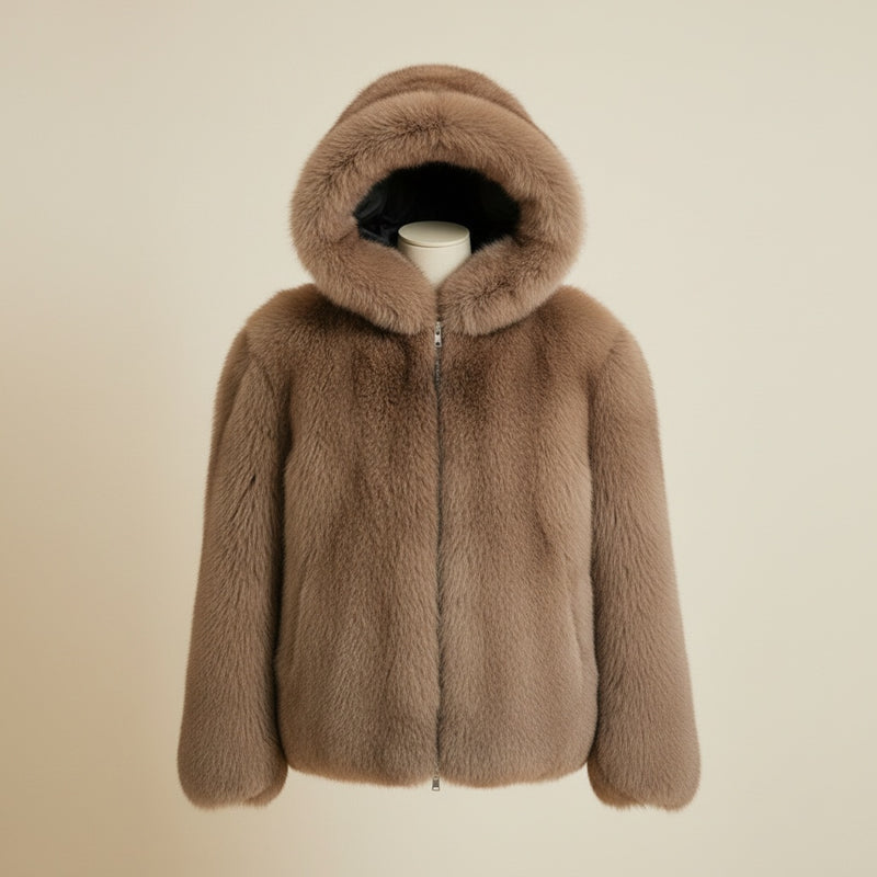 HOODED SHEARLING TAUPE PARKA
