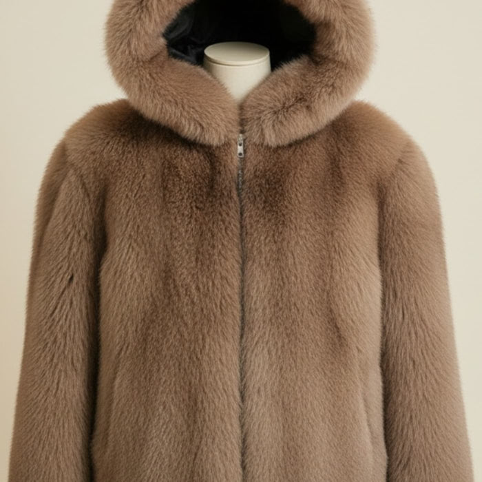 HOODED SHEARLING TAUPE PARKA