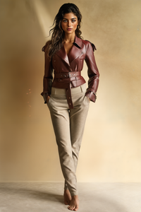 OXBLOOD CROPPED BELTED LEATHER JACKET