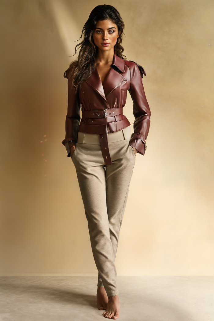 OXBLOOD CROPPED BELTED LEATHER JACKET