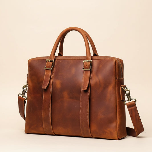 Tan pull-up leather briefcase with twin buckled straps and antique brass hardware on a travertine ledge in warm daylight.