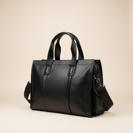 Structured black leather briefcase with dual top handles and detachable shoulder strap on a warm off-white studio plinth.