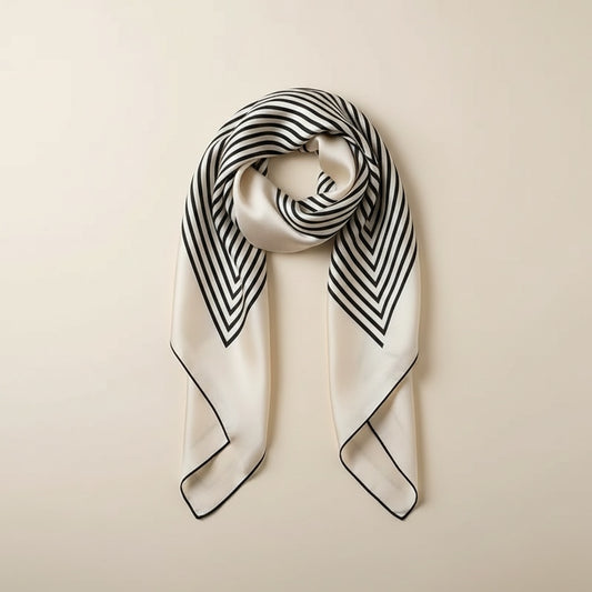 Ivory mulberry silk square scarf with black chevron stripe motif and hand-rolled edges, softly knotted on warm neutral studio background.