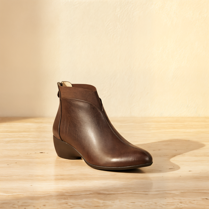 CHOCOLATE ALMOND-TOE LEATHER ANKLE BOOT