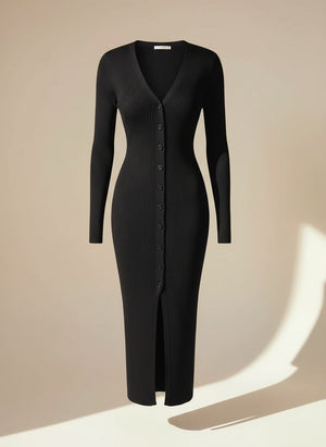 RIBBED KNIT V-NECK MIDI DRESS