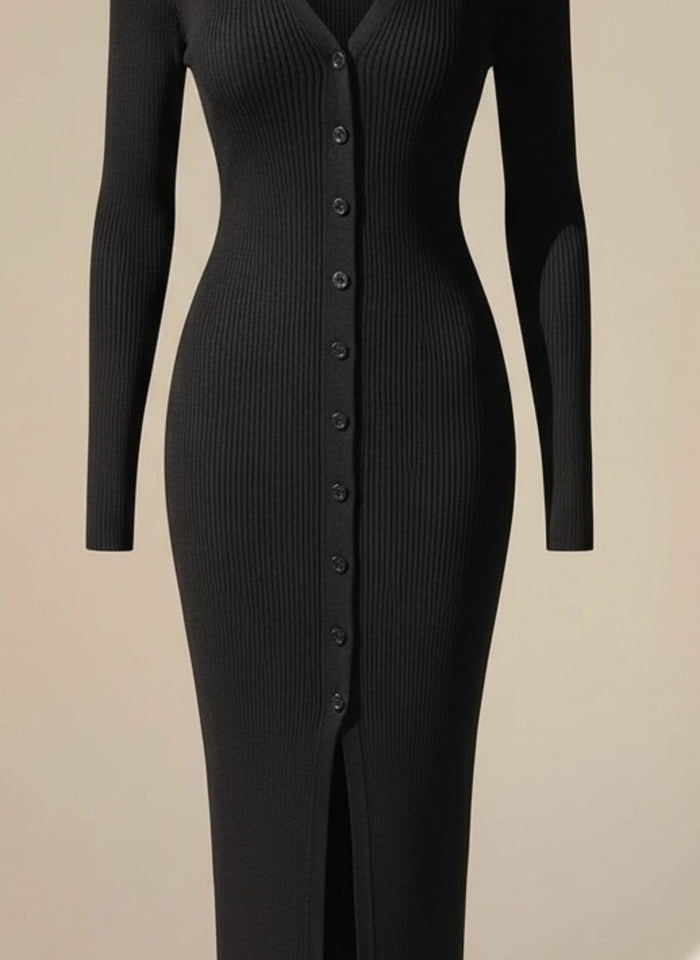 RIBBED KNIT V-NECK MIDI DRESS