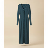 SLATE BLUE RIBBED KNIT V-NECK MIDI DRESS