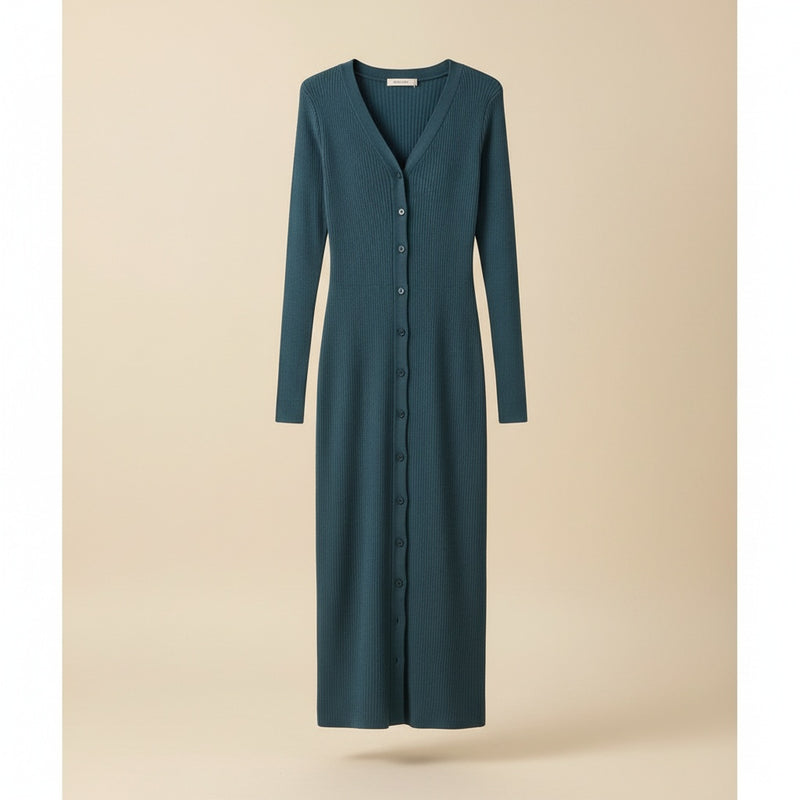 SLATE BLUE RIBBED KNIT V-NECK MIDI DRESS