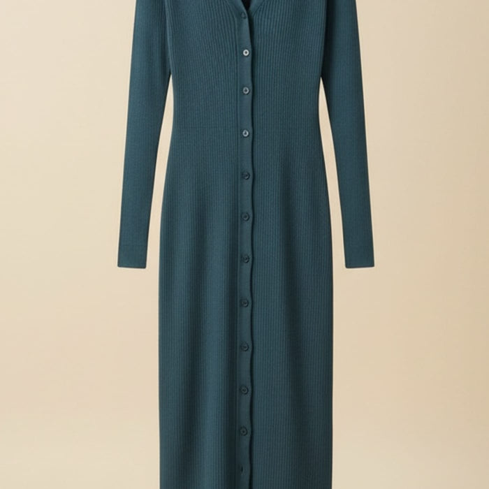 SLATE BLUE RIBBED KNIT V-NECK MIDI DRESS