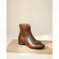 COGNAC BURNISHED BUCKLE ANKLE BOOT