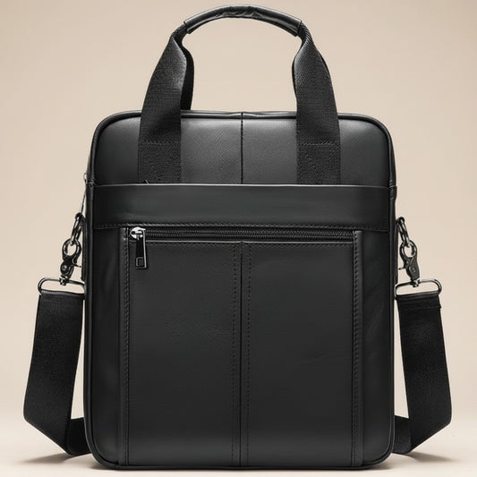 Vertical black leather briefcase with top handles, detachable shoulder strap and front zip pocket on warm neutral studio backdrop.