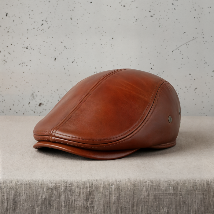 BURNISHED LEATHER FLAT CAP