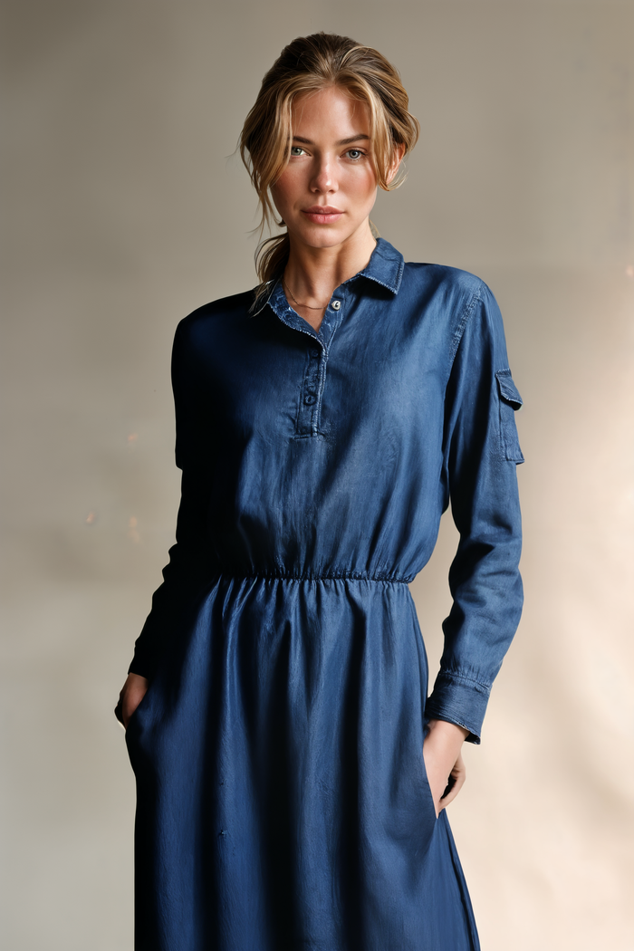 INDIGO CHAMBRAY A-LINE SHIRT DRESS
