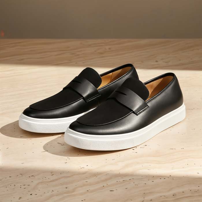 BLACK LEATHER SADDLE SLIP-ON