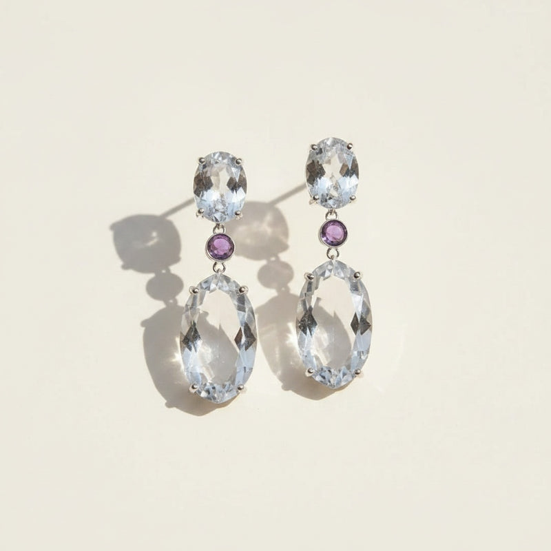 CLEAR QUARTZ AMETHYST DROP EARRINGS