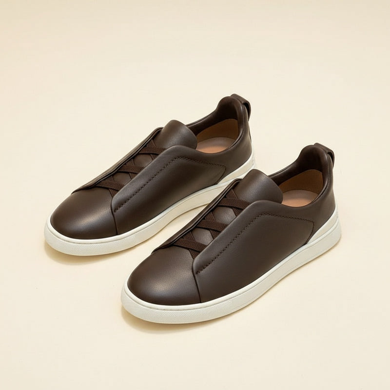 CHOCOLATE TRIPLE-STITCH LEATHER SLIP-ON