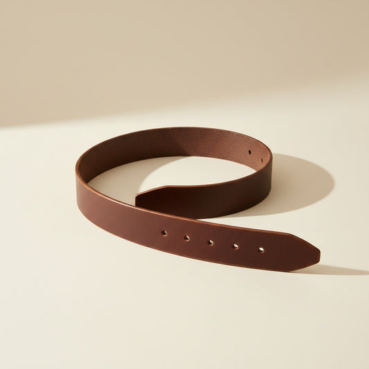 Full-grain vegetable-tanned cowhide belt strap in espresso brown, softly curled on a warm off-white studio backdrop.