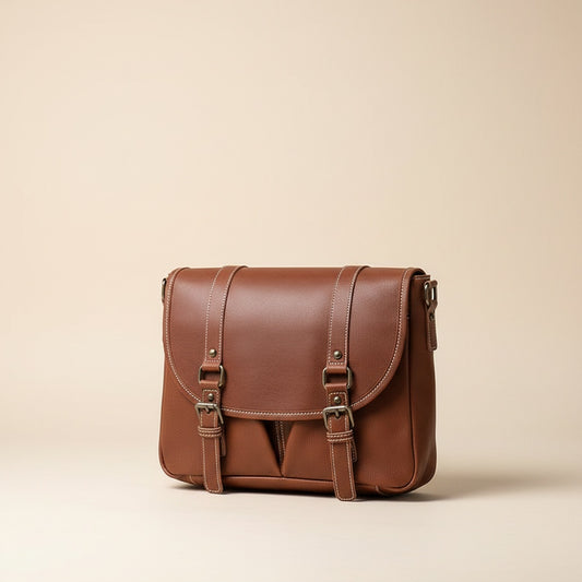 Structured cognac tan full-grain leather messenger bag with twin buckle straps and antique brass hardware, styled in warm daylight.