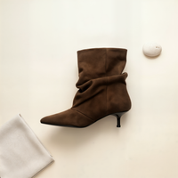 CHOCOLATE PLEATED SUEDE KITTEN HEEL BOOT