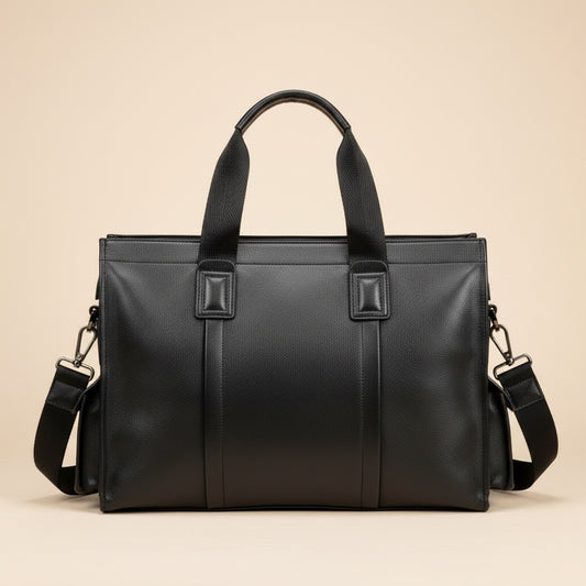Structured black leather briefcase with twin top handles and detachable webbed shoulder strap on warm off-white studio backdrop.