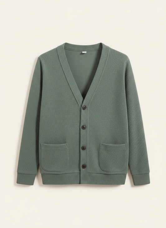 Sage ribbed-knit cardigan styled open over ecru trousers, quiet-luxury studio portrait on warm neutral backdrop.