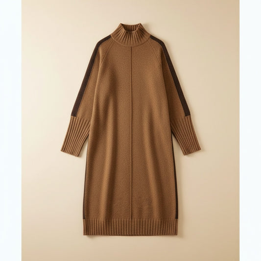Camel colour-block knit turtleneck dress with espresso contrast sleeve panels, ribbed cuffs and hem, styled in warm quiet-luxury tones.