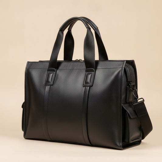 Structured black leather briefcase with dual top handles, detachable shoulder strap and top zip, shown against warm stone wall.
