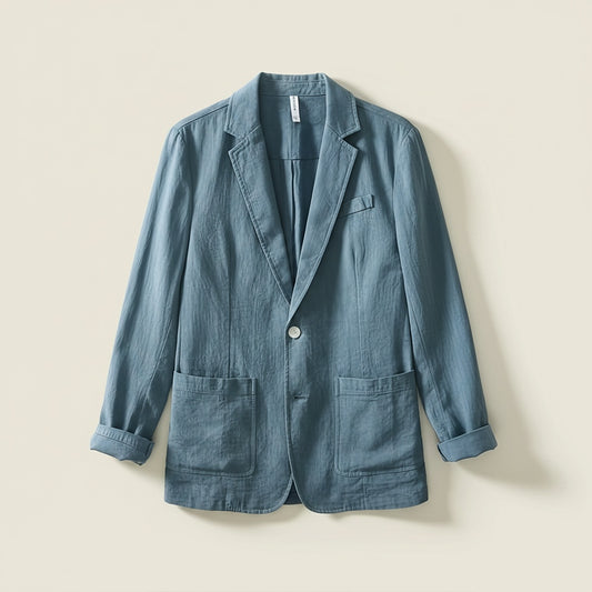 Washed slate blue cotton-linen unstructured blazer styled open over white tee and ecru trousers in soft warm studio light.