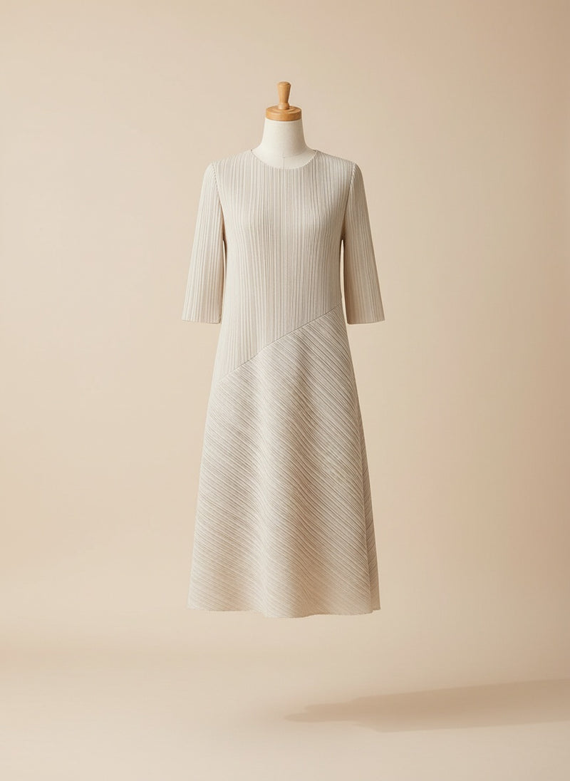 ASYMMETRIC PLEATED IVORY MIDI DRESS