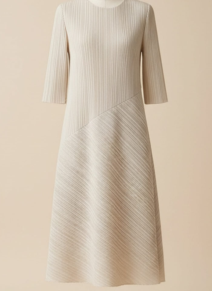 ASYMMETRIC PLEATED IVORY MIDI DRESS